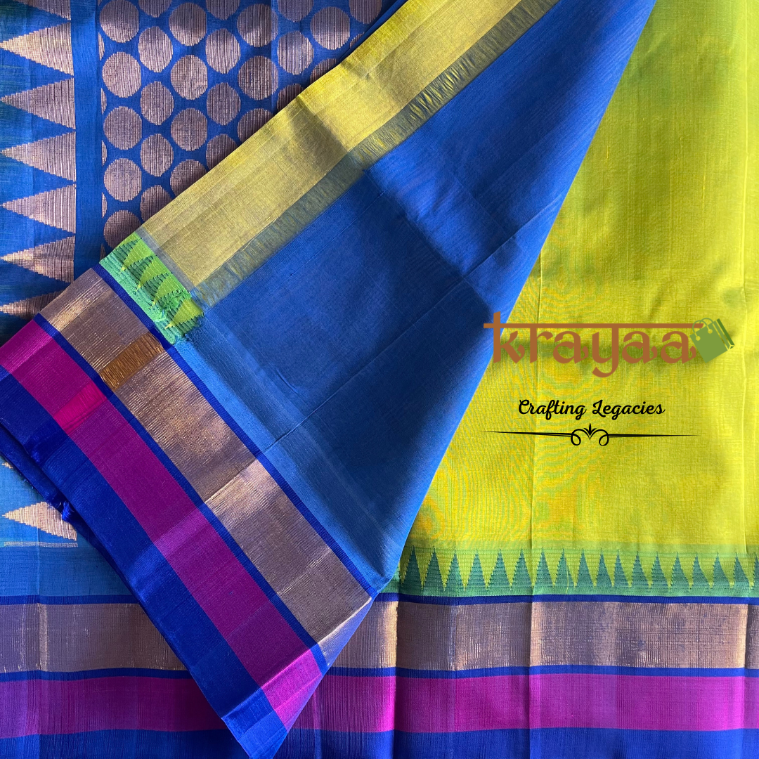 Handwoven - Kuppadam Silk Cotton Saree - Green with purple and blue border