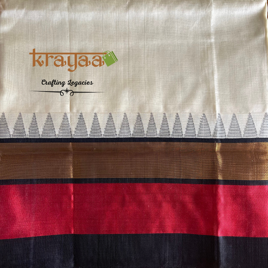 Handwoven - Kuppadam Silk Cotton Saree - Creamish white with black and red border