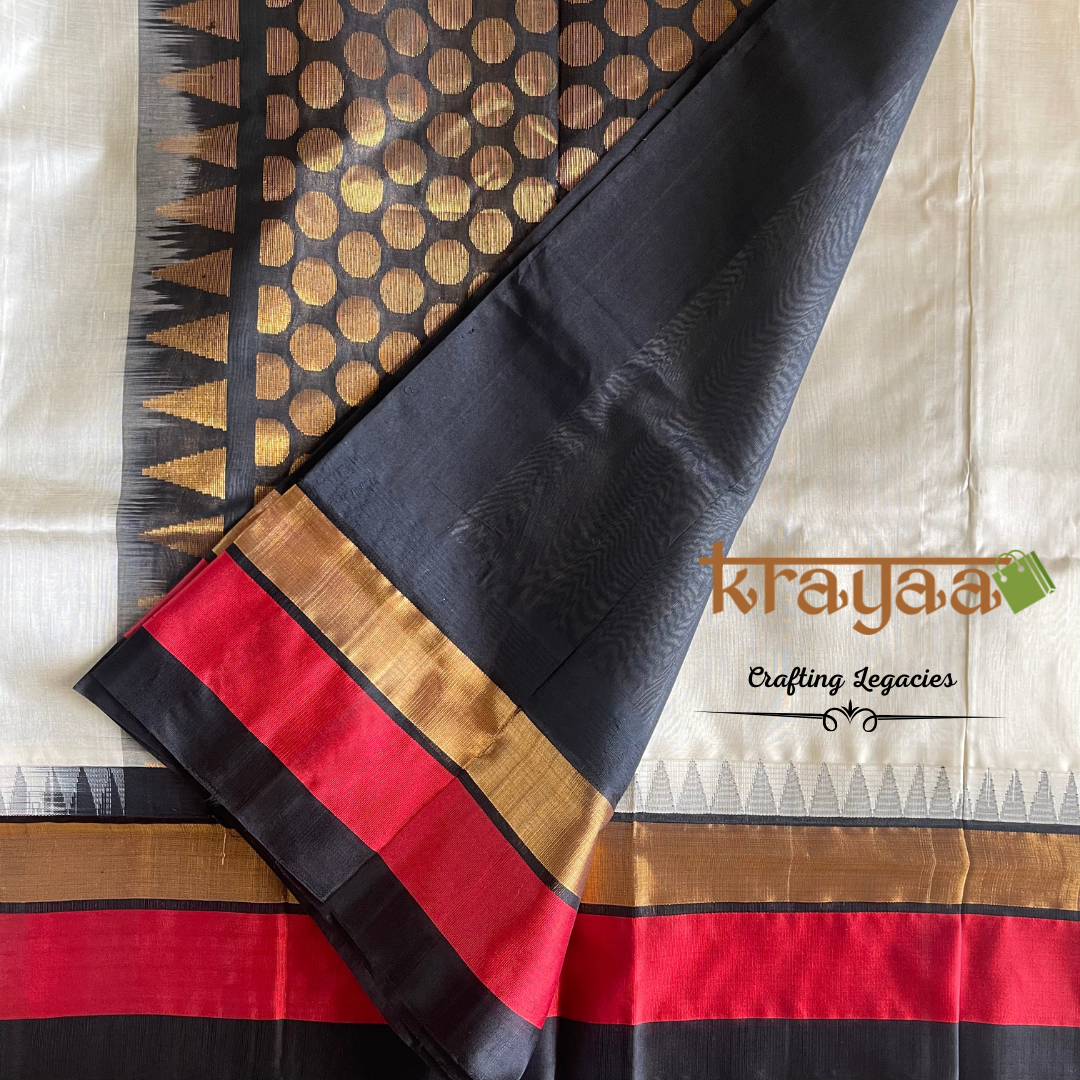 Handwoven - Kuppadam Silk Cotton Saree - Creamish white with black and red border