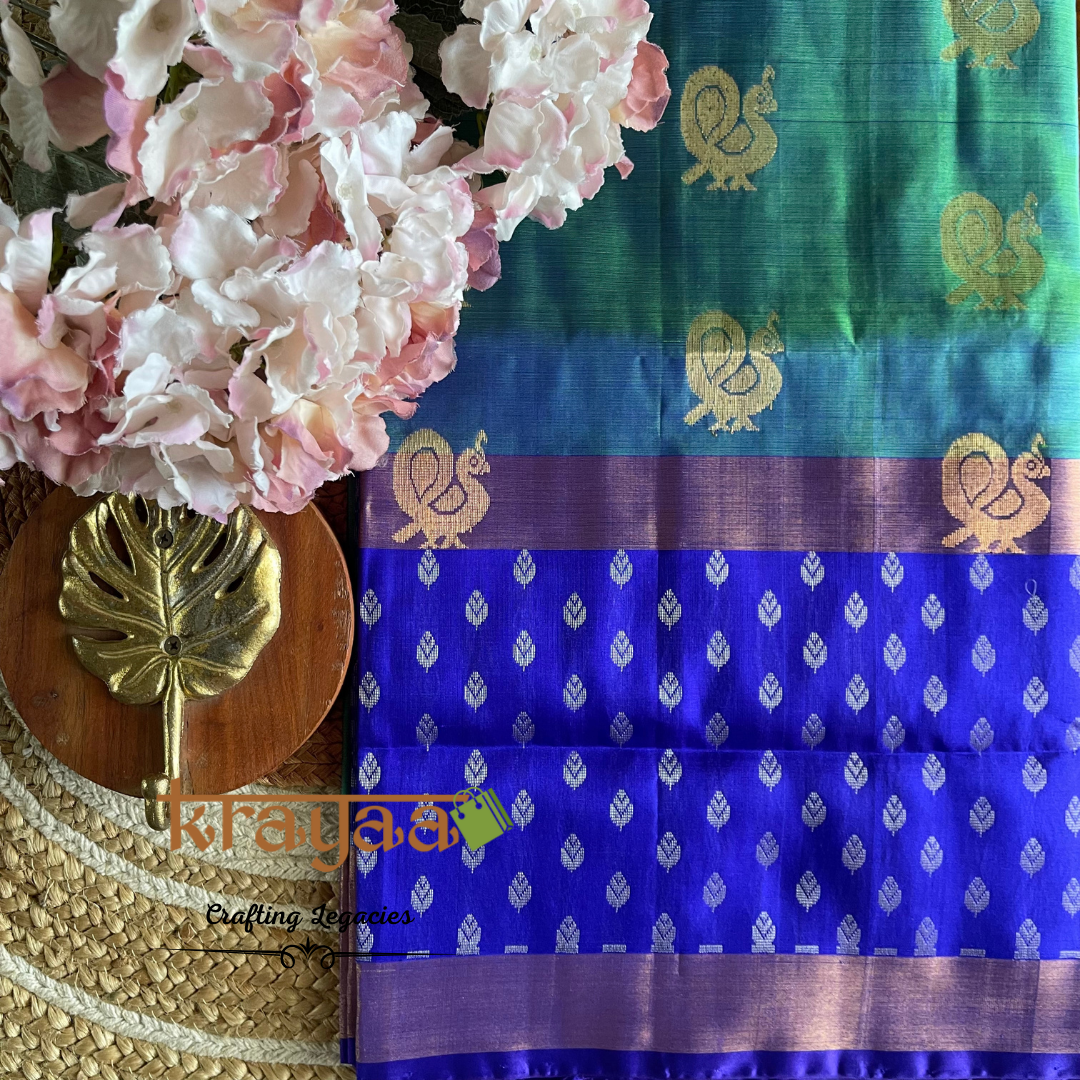 Handwoven - Uppada Silk Saree - Peacock green with blue border