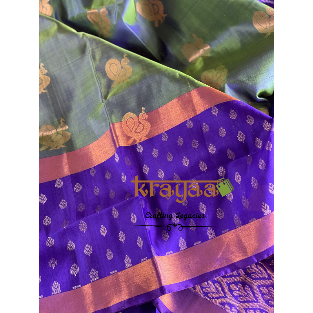 Handwoven - Uppada Silk Saree - Peacock green with blue border