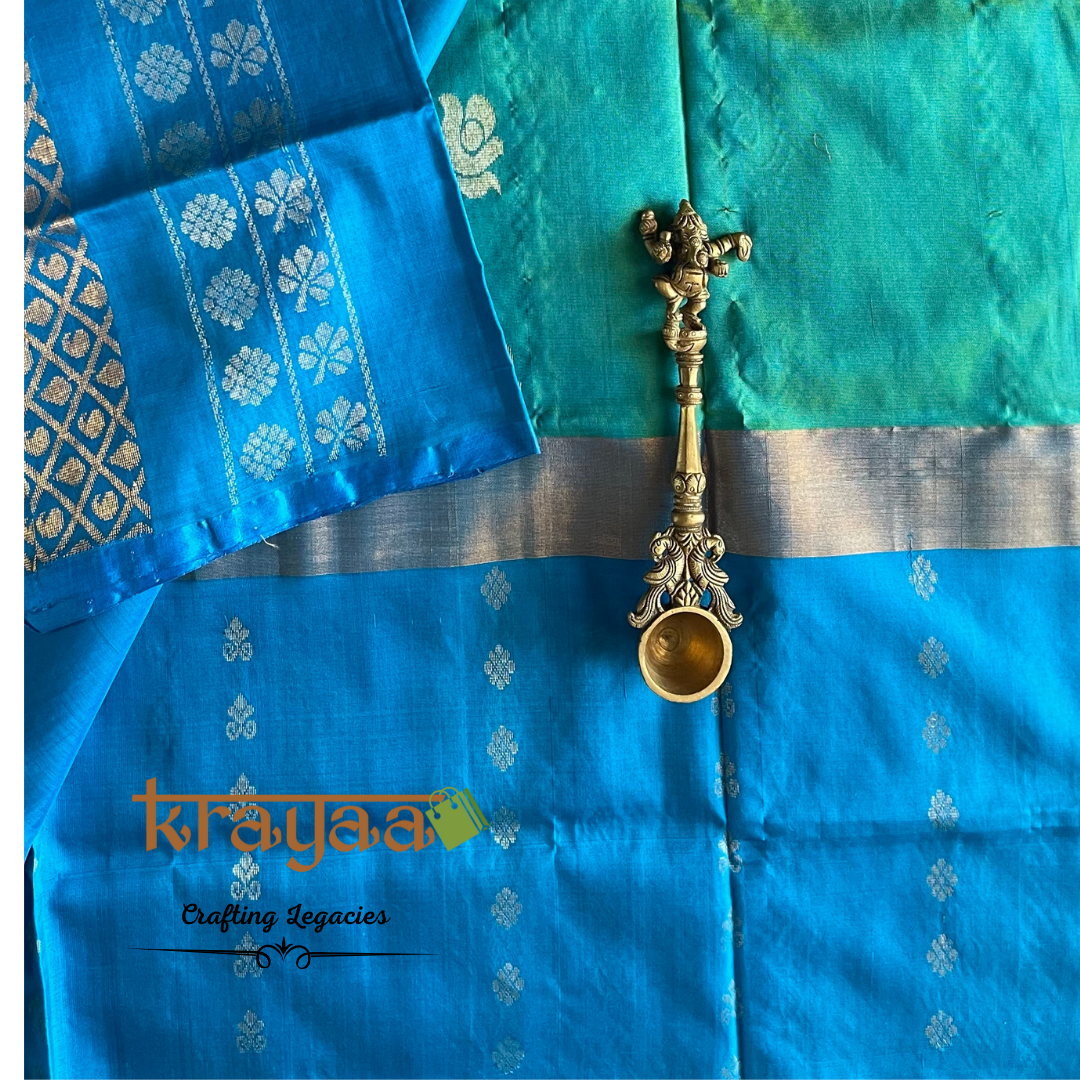 Handwoven - Uppada Silk Saree - Teal green with blue border