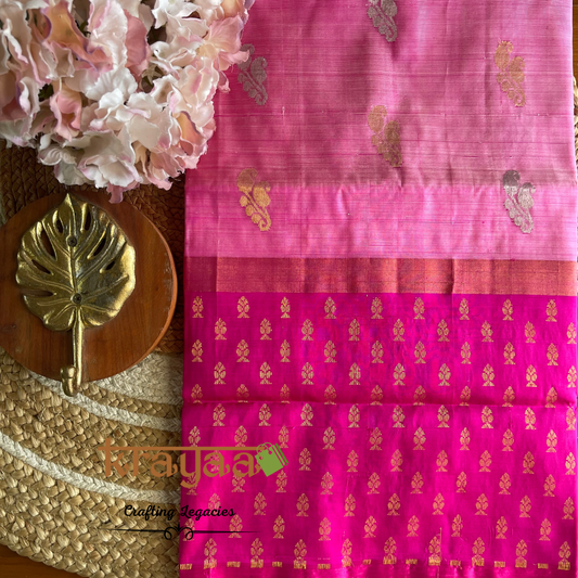 Handwoven - Uppada Silk Saree - Light pink with dark pink