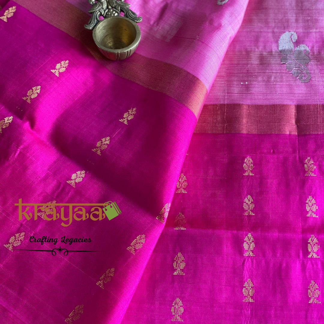 Handwoven - Uppada Silk Saree - Light pink with dark pink