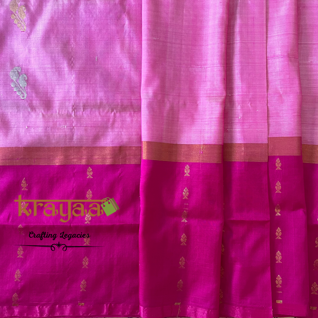 Handwoven - Uppada Silk Saree - Light pink with dark pink