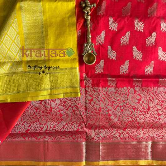 Handwoven - Kuppadam Silk Cotton Saree - Red and Yellow