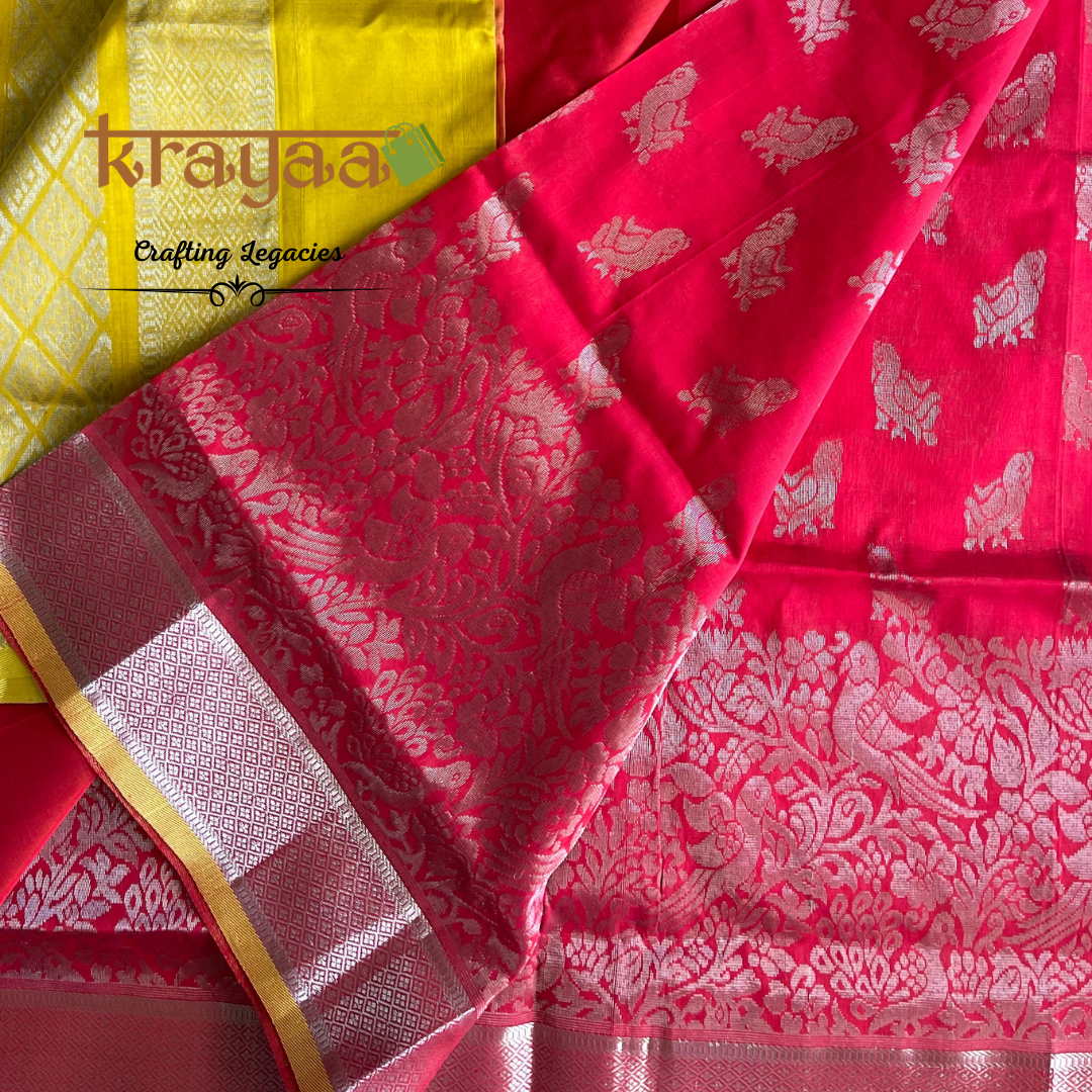 Handwoven - Kuppadam Silk Cotton Saree - Red and Yellow