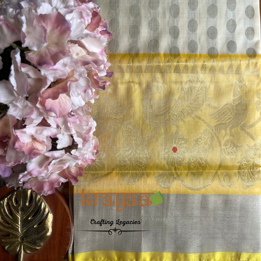 Handwoven - Uppada Silk Saree - White with yellow border