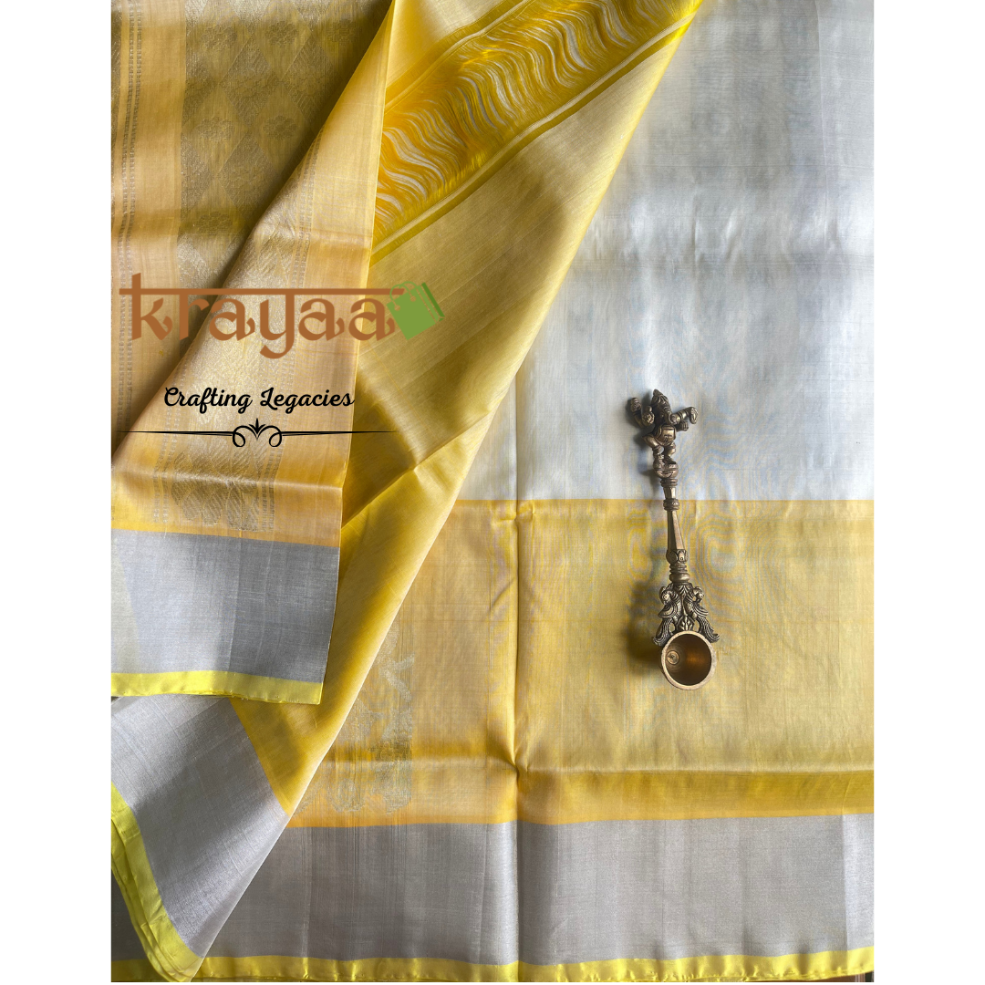 Handwoven - Uppada Silk Saree - White with yellow border