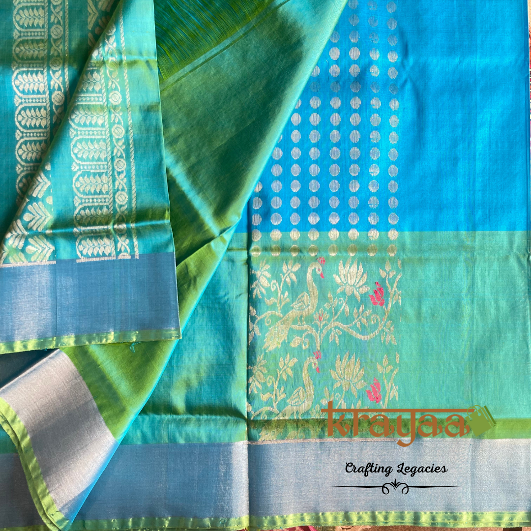 Handwoven - Uppada Silk Saree - Light blue with teal green border