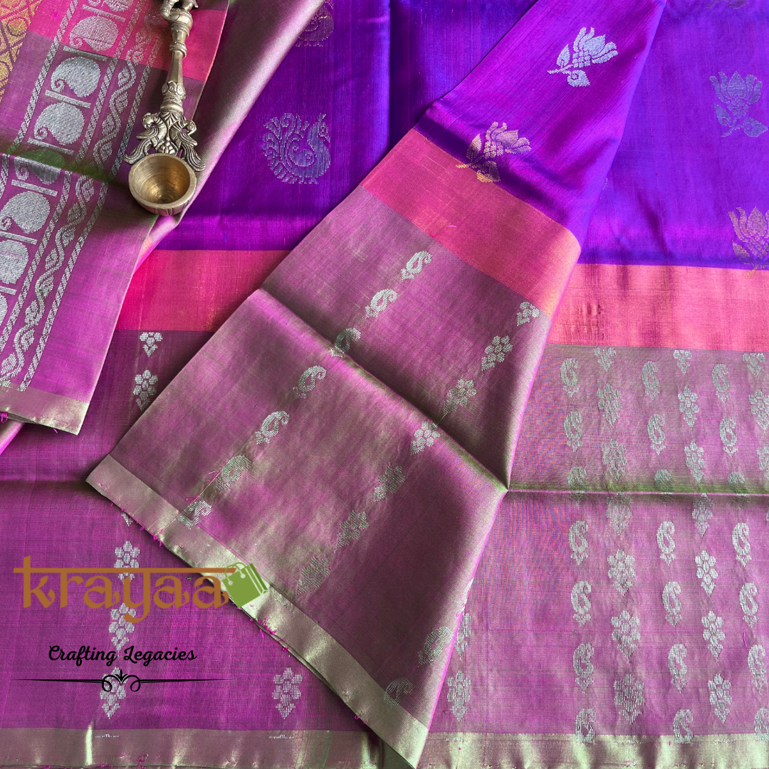 Handwoven - Uppada Silk Saree - Purple with moss green border