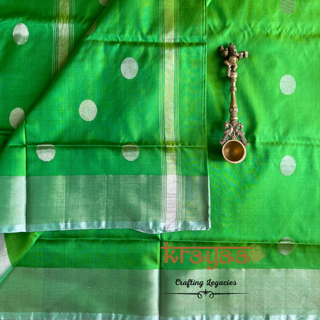 Handwoven - Uppada Silk Saree - Coin Butas - Bright green