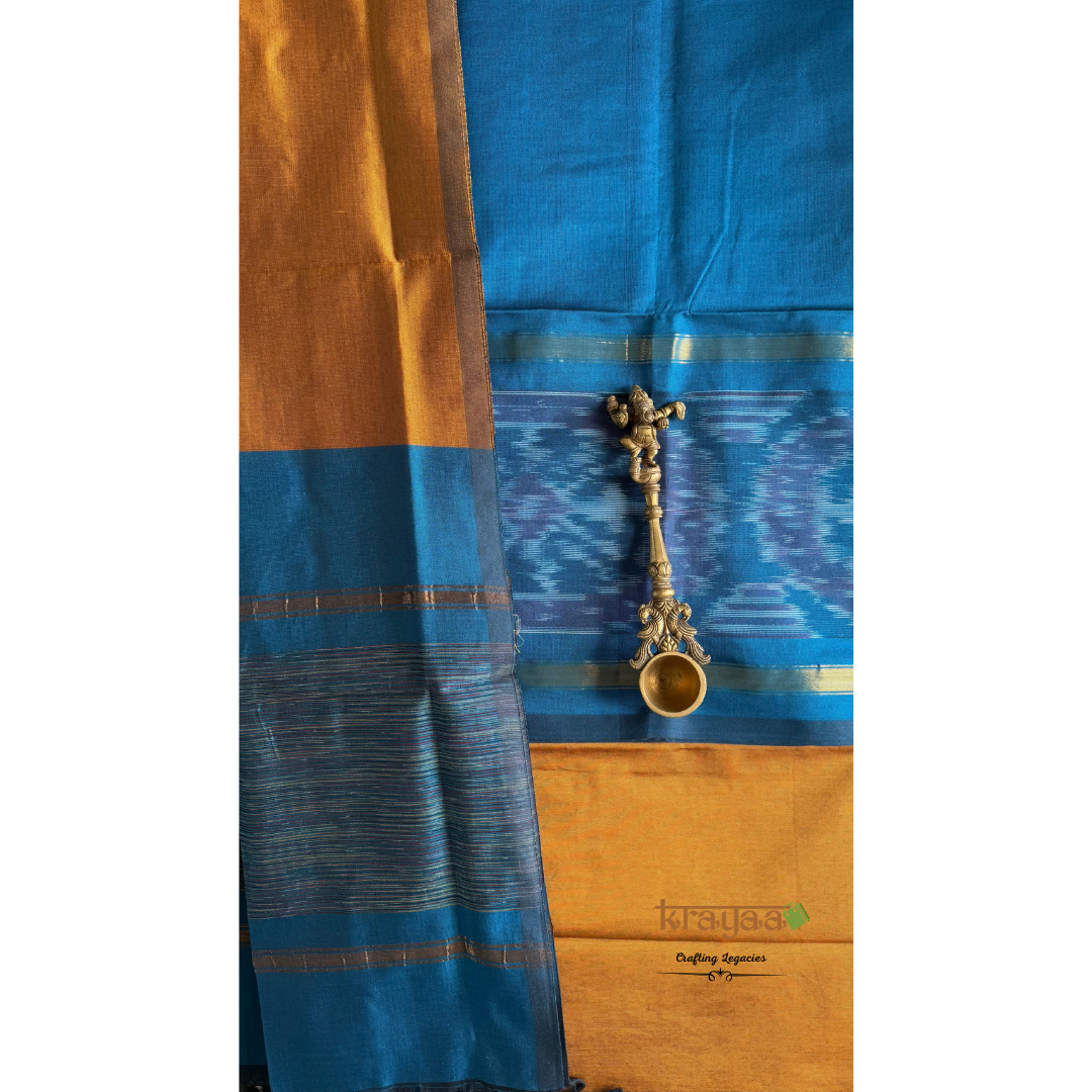 Blue and Mustard  Silk Cotton Dress Material Set