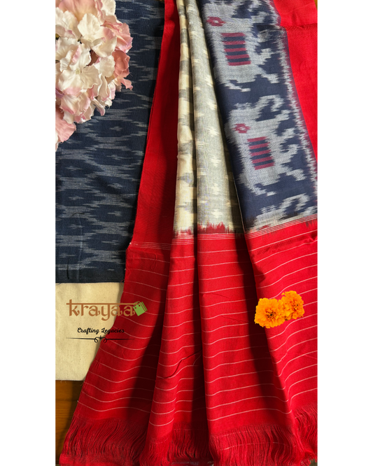 Blue Ikkat top with Grey and Red Dupatta -Cotton Dress Material Set