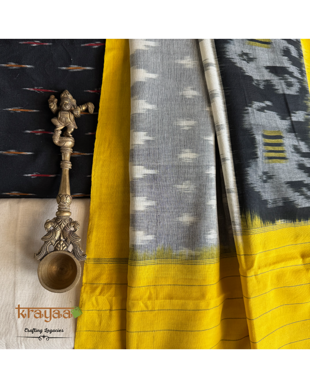 Black Ikkat top with  Grey Black and Yellow Dupatta - Cotton Dress Material Set