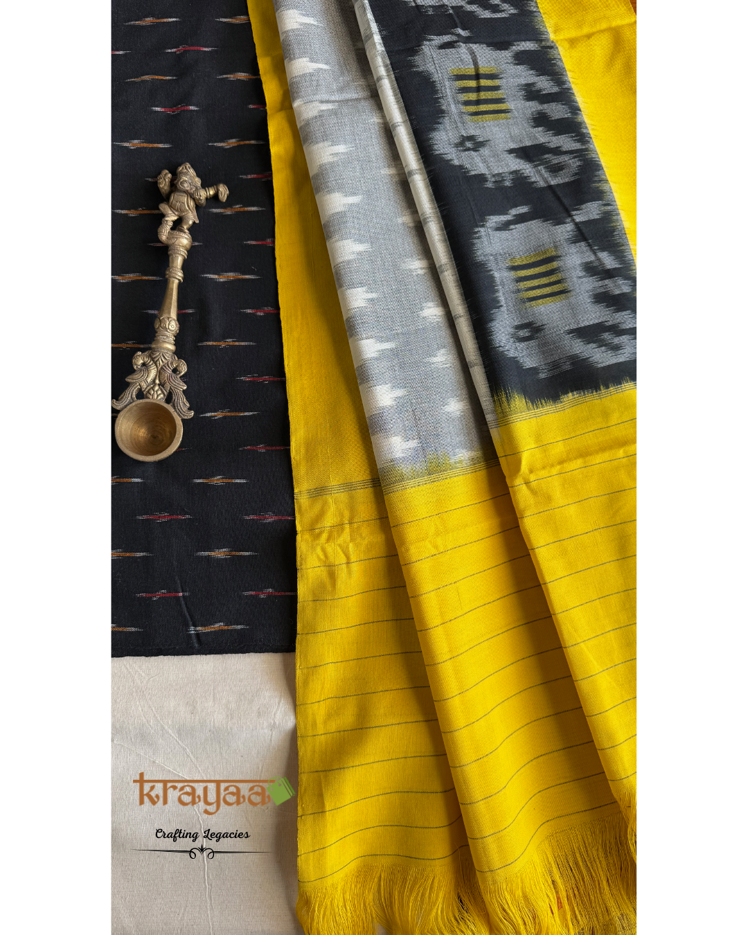 Black Ikkat top with  Grey Black and Yellow Dupatta - Cotton Dress Material Set