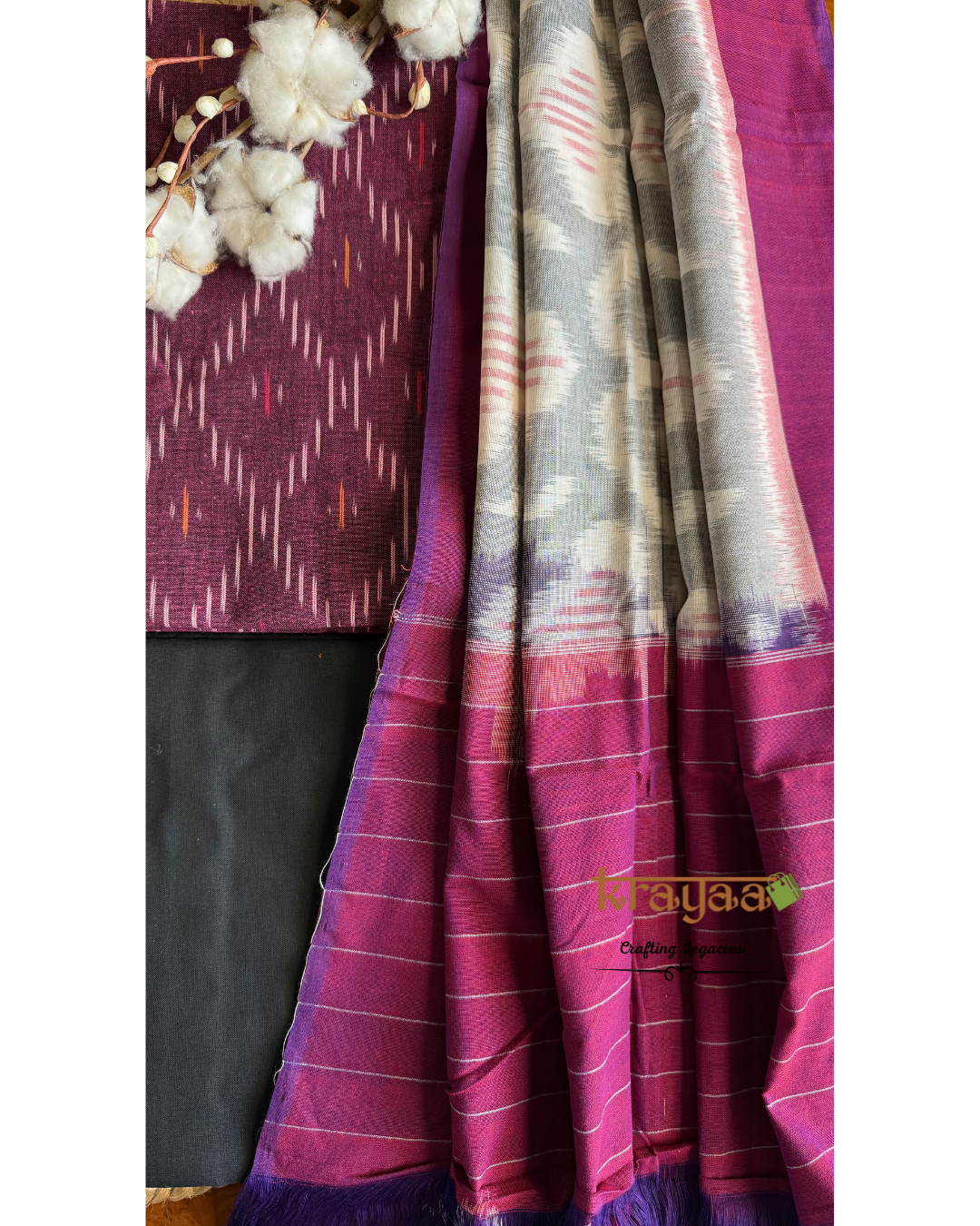 Magenta Ikkat top with  Grey and Magenta Dupatta - Cotton Dress Material Set