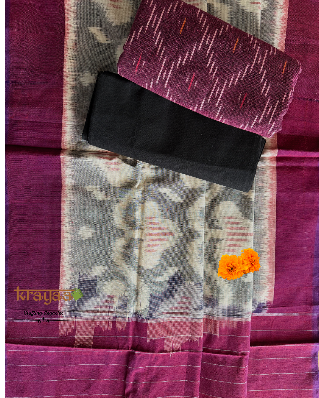 Magenta Ikkat top with  Grey and Magenta Dupatta - Cotton Dress Material Set
