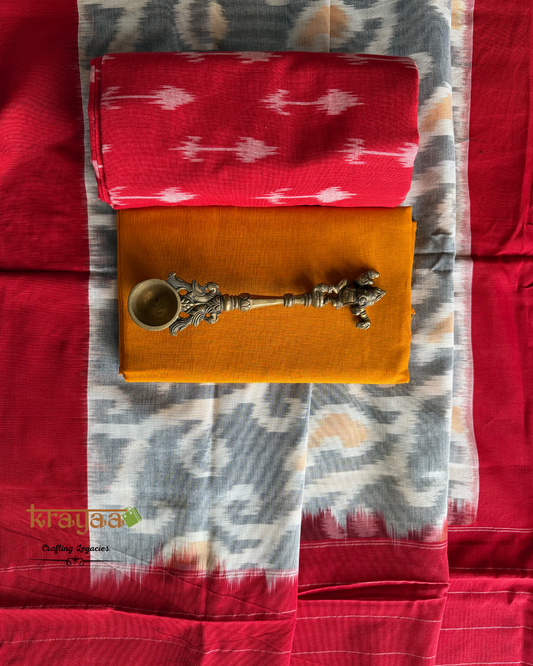 Red Ikkat top with  Grey and Red Dupatta - Cotton Dress Material Set