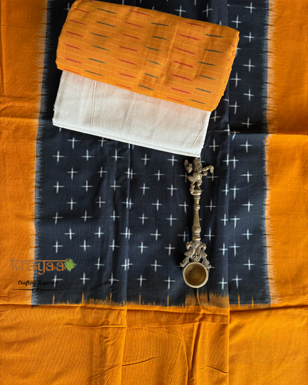 Orange Ikkat top with  Black with Orange Dupatta - Cotton Dress Material Set