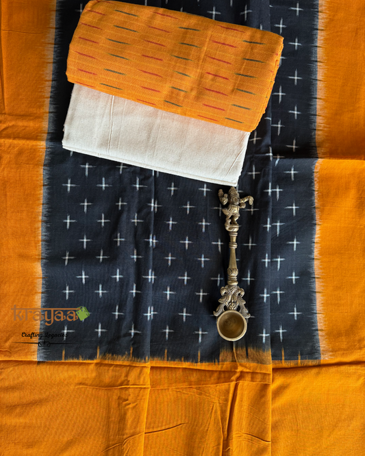 Orange Ikkat top with  Black with Orange Dupatta - Cotton Dress Material Set