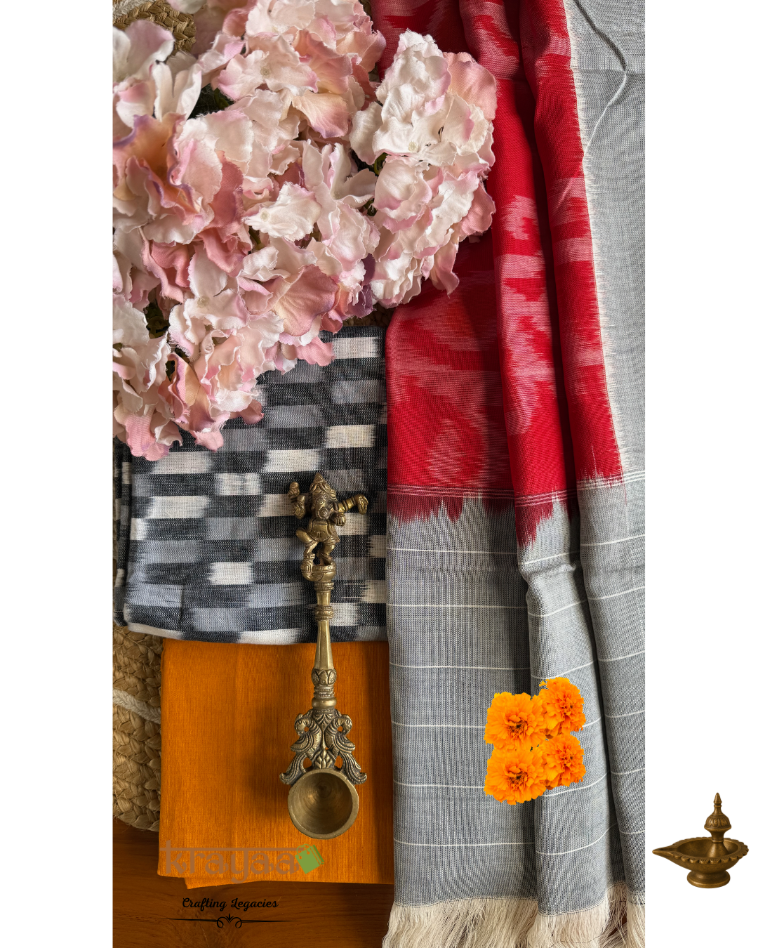 Grey Ikkat top with  Red with Grey Dupatta - Cotton Dress Material Set
