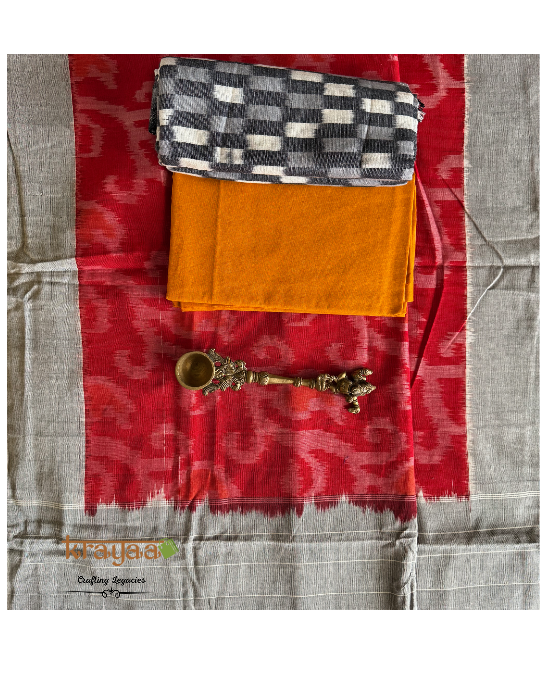 Grey Ikkat top with  Red with Grey Dupatta - Cotton Dress Material Set