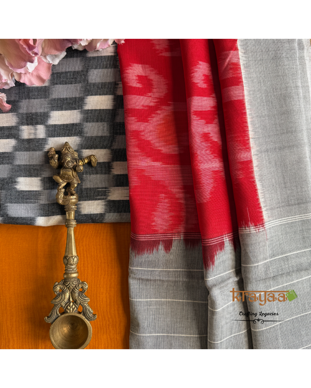 Grey Ikkat top with  Red with Grey Dupatta - Cotton Dress Material Set