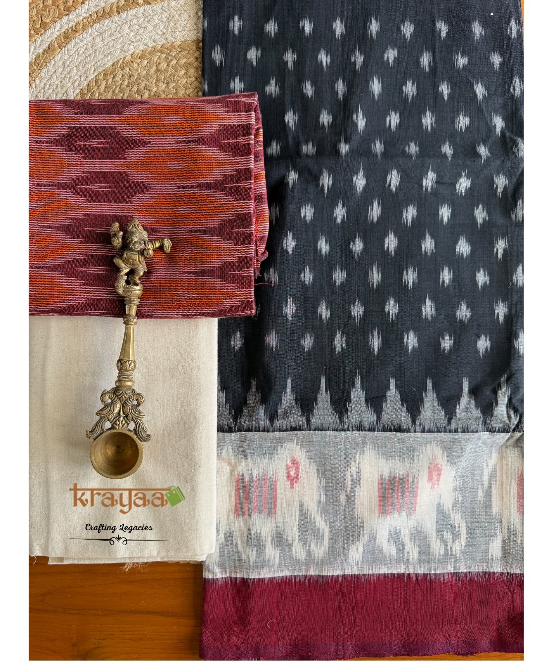 Maroon Ikkat top with  Black and  Maroon Dupatta - Cotton Dress Material Set