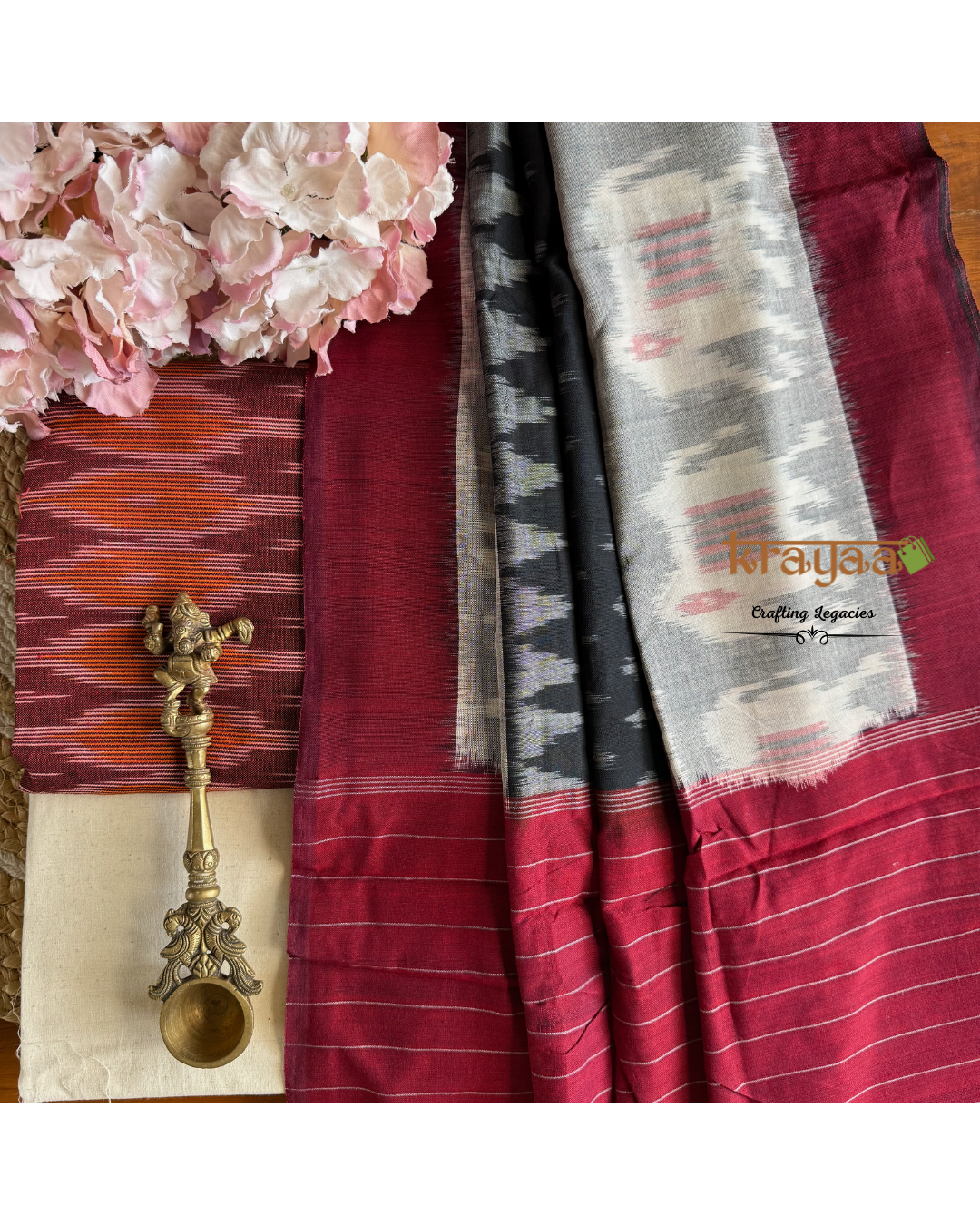 Maroon Ikkat top with  Black and  Maroon Dupatta - Cotton Dress Material Set