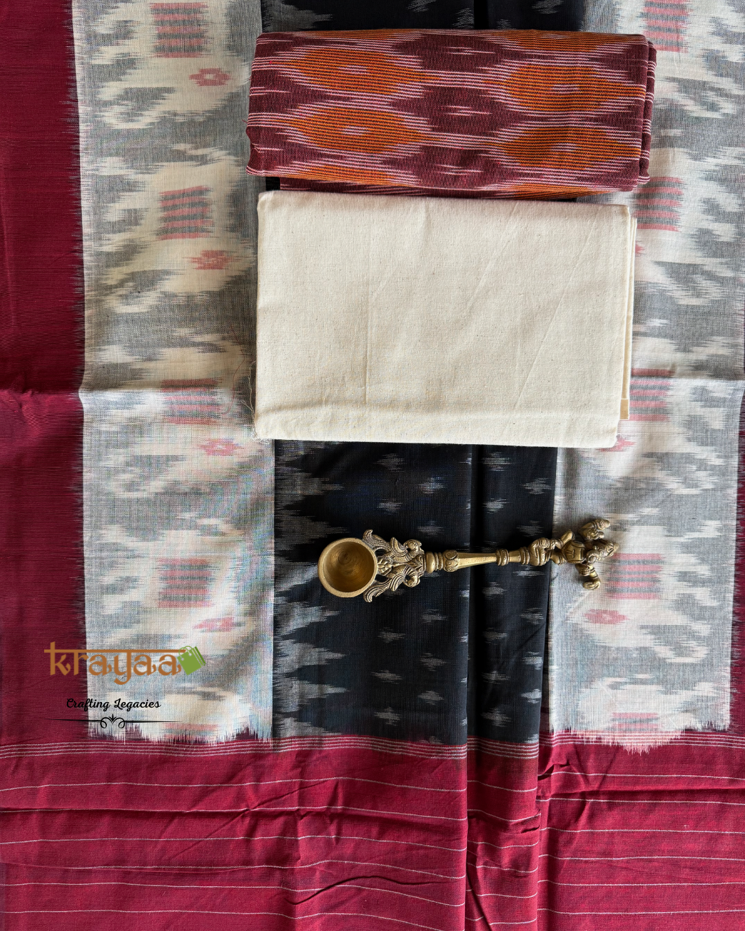 Maroon Ikkat top with  Black and  Maroon Dupatta - Cotton Dress Material Set