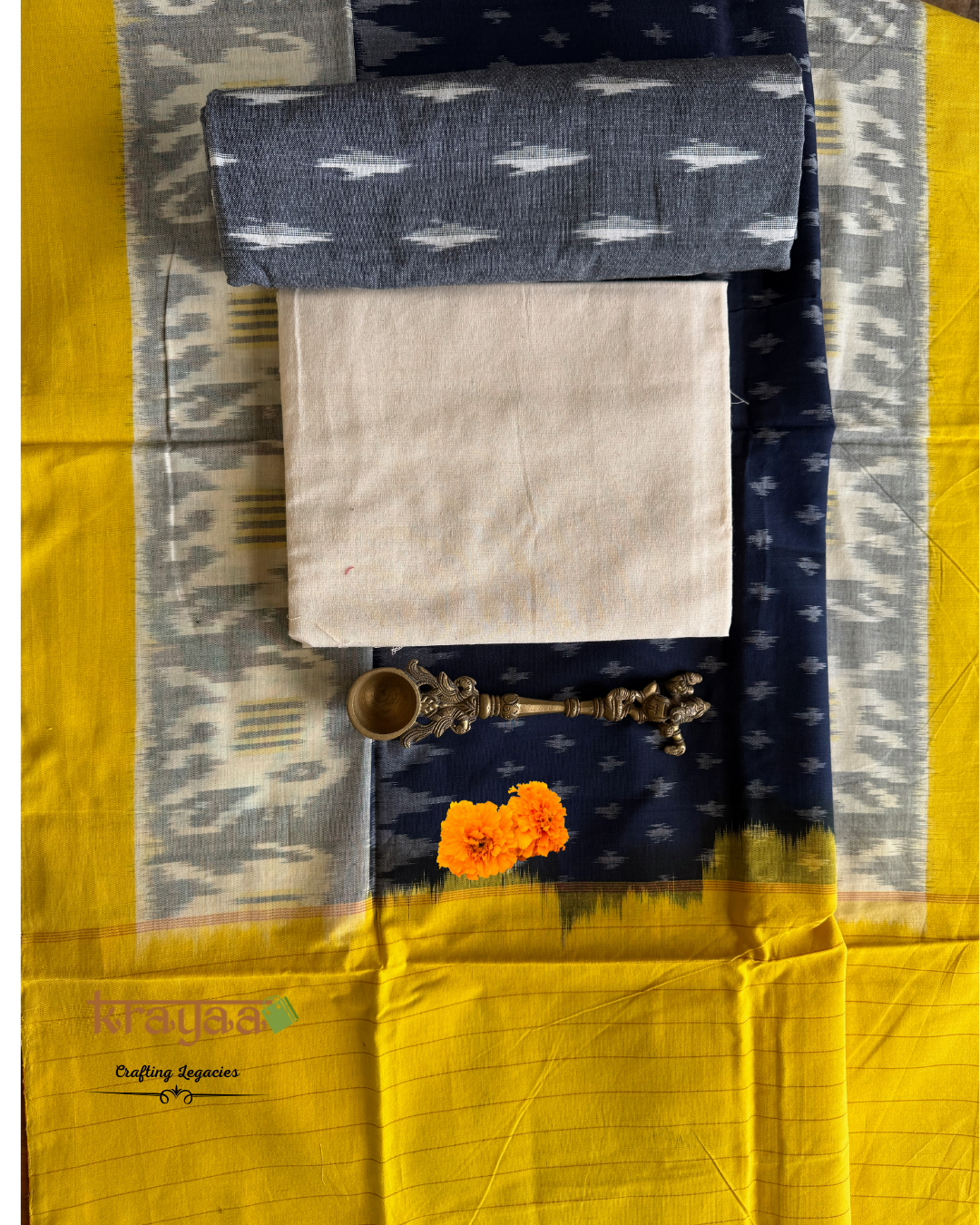 Grey Ikkat top with  Blue and Yellow Dupatta - Cotton Dress Material Set