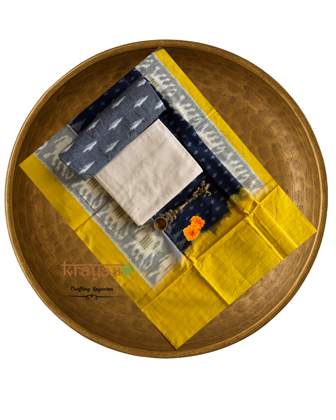 Grey Ikkat top with  Blue and Yellow Dupatta - Cotton Dress Material Set