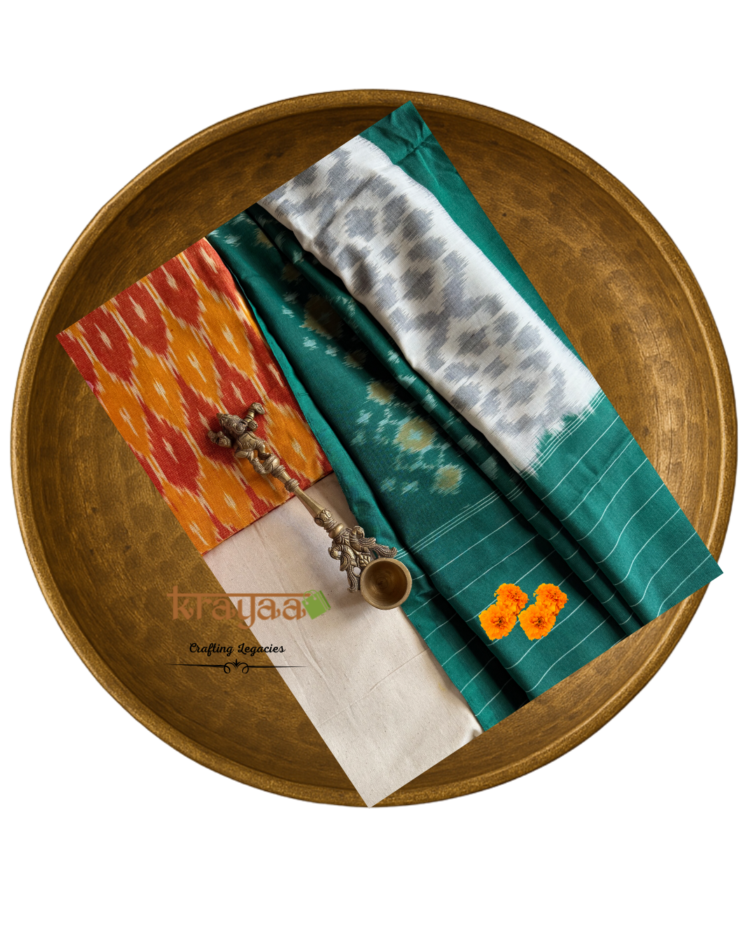 Orange Ikkat top with  Green Dupatta - Cotton Dress Material Set