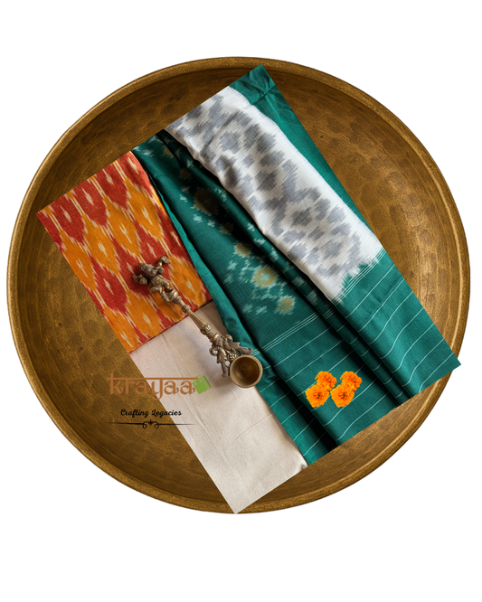 Orange Ikkat top with  Green Dupatta - Cotton Dress Material Set