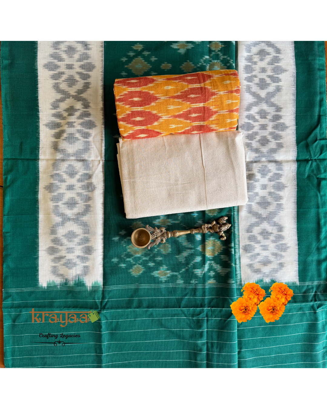 Orange Ikkat top with  Green Dupatta - Cotton Dress Material Set