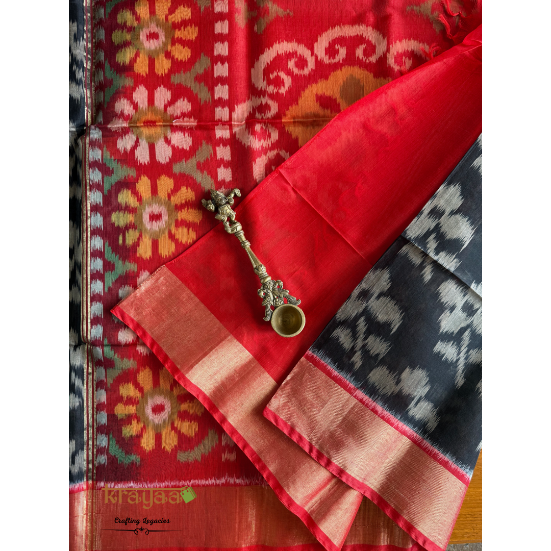 Black and Red  Silk Cotton Ikkat Saree
