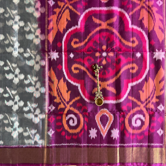 Grey and Magenta Silk Cotton Ikkat Saree