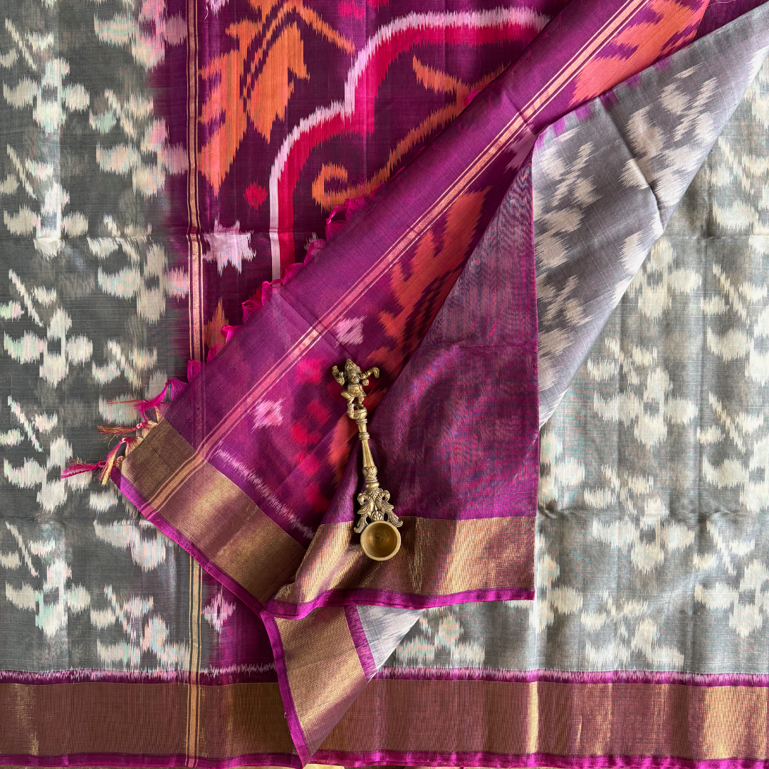 Grey and Magenta Silk Cotton Ikkat Saree