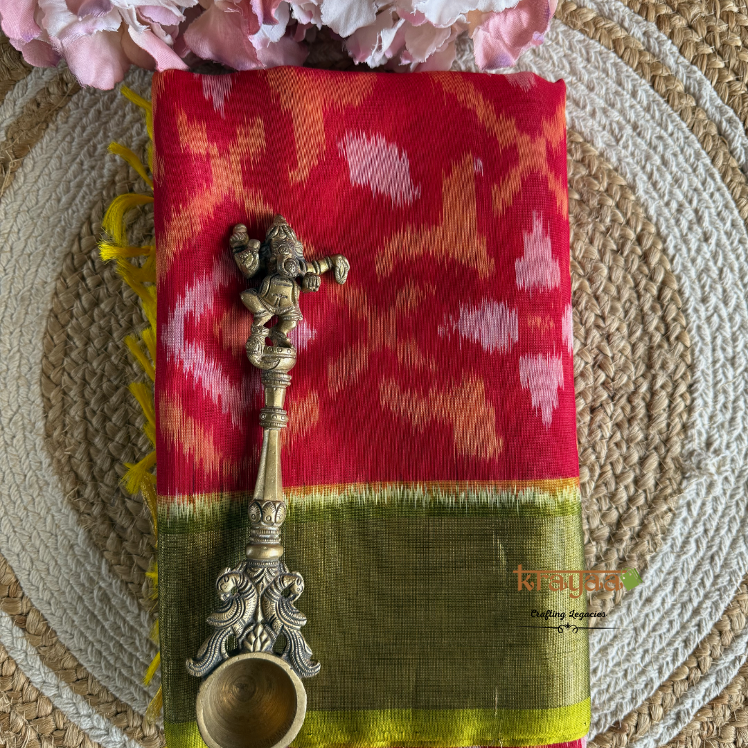 Red and Olive Green Silk Cotton Ikkat Saree