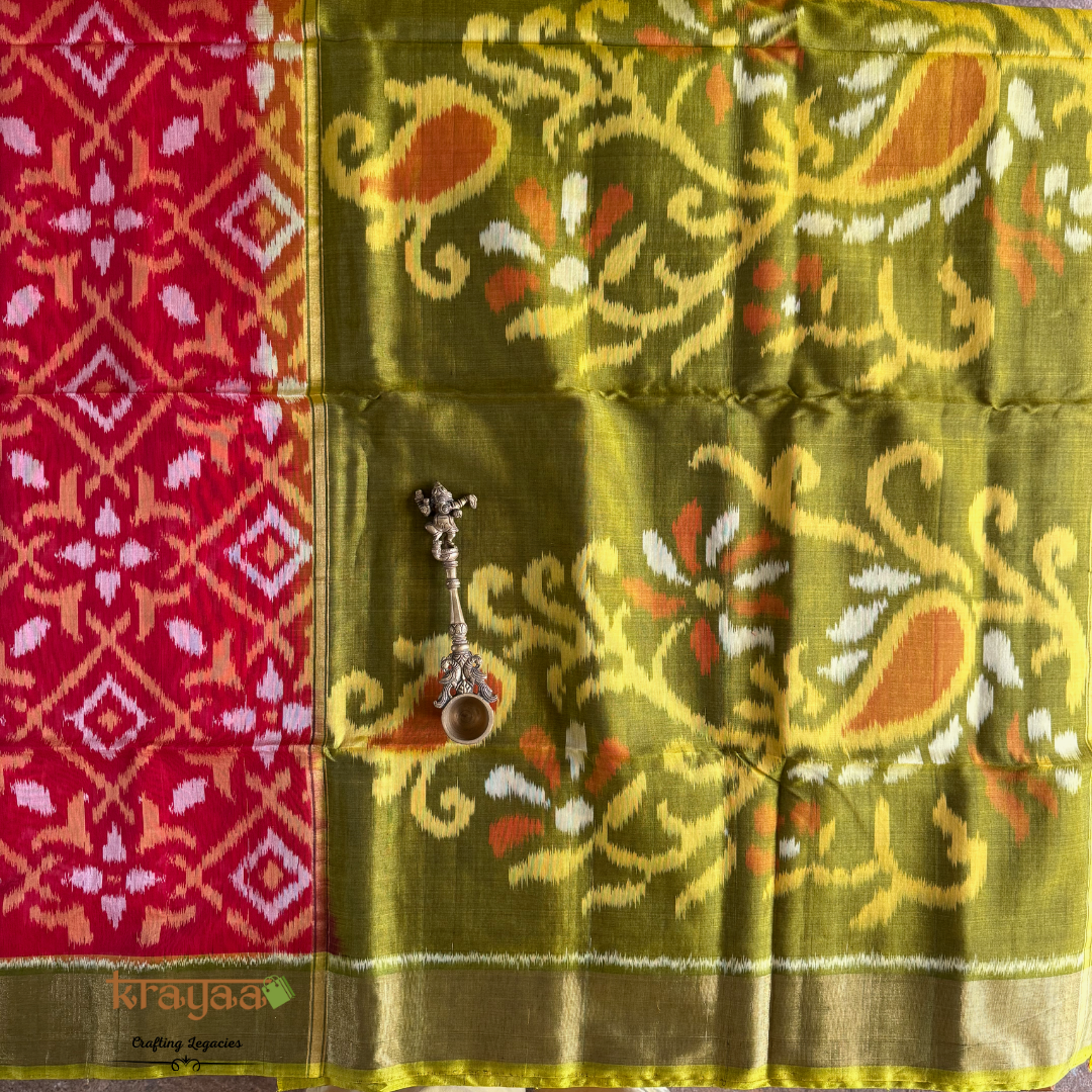 Red and Olive Green Silk Cotton Ikkat Saree