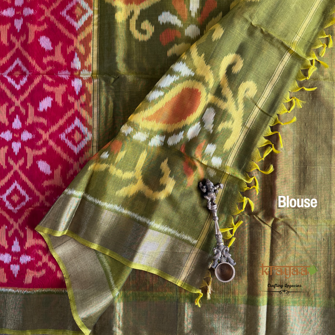 Red and Olive Green Silk Cotton Ikkat Saree
