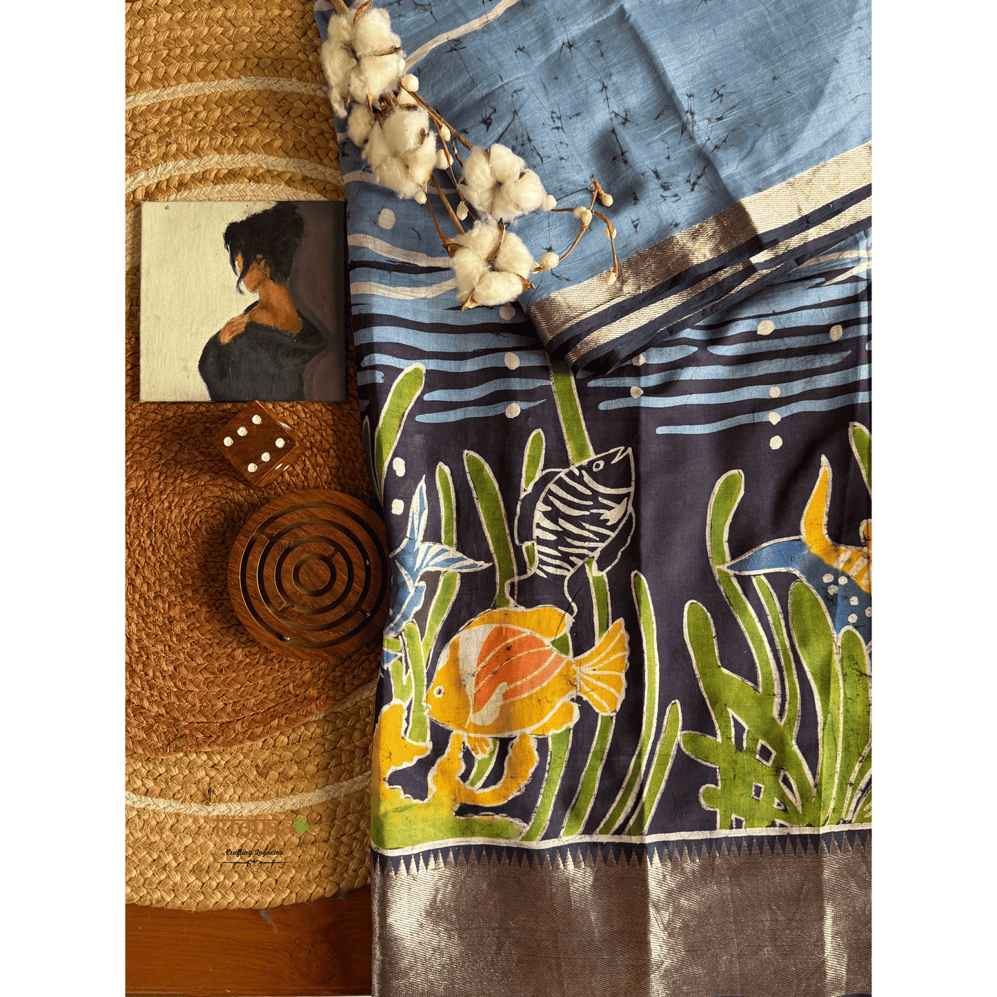 Blue Mangalagiri  Silk Cotton Saree With Baatik