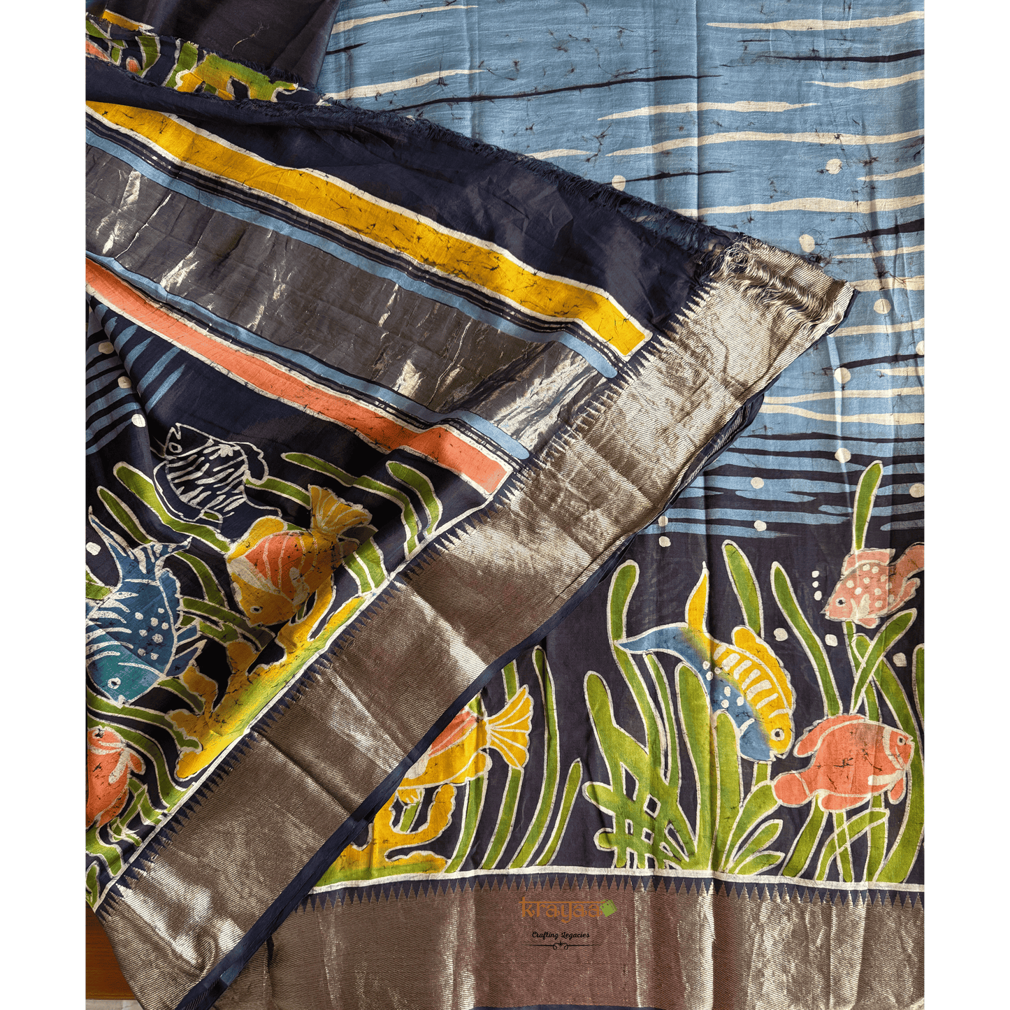 Blue Mangalagiri  Silk Cotton Saree With Baatik