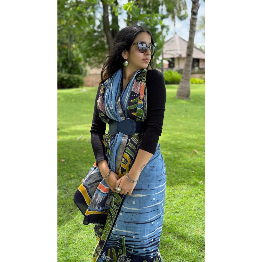 Blue Mangalagiri  Silk Cotton Saree With Baatik