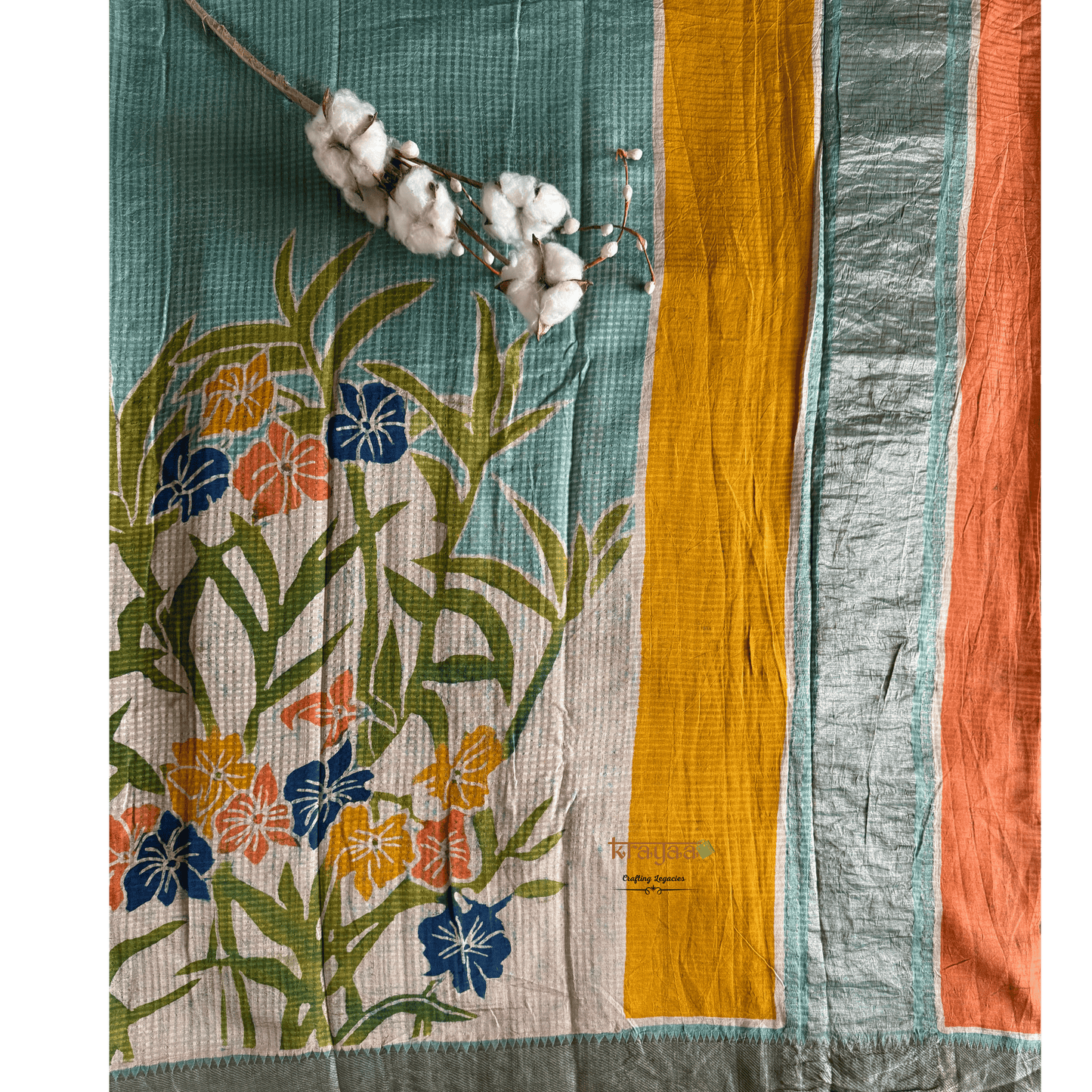 Seafoam Green Mangalagiri  Silk Cotton Saree With Baatik