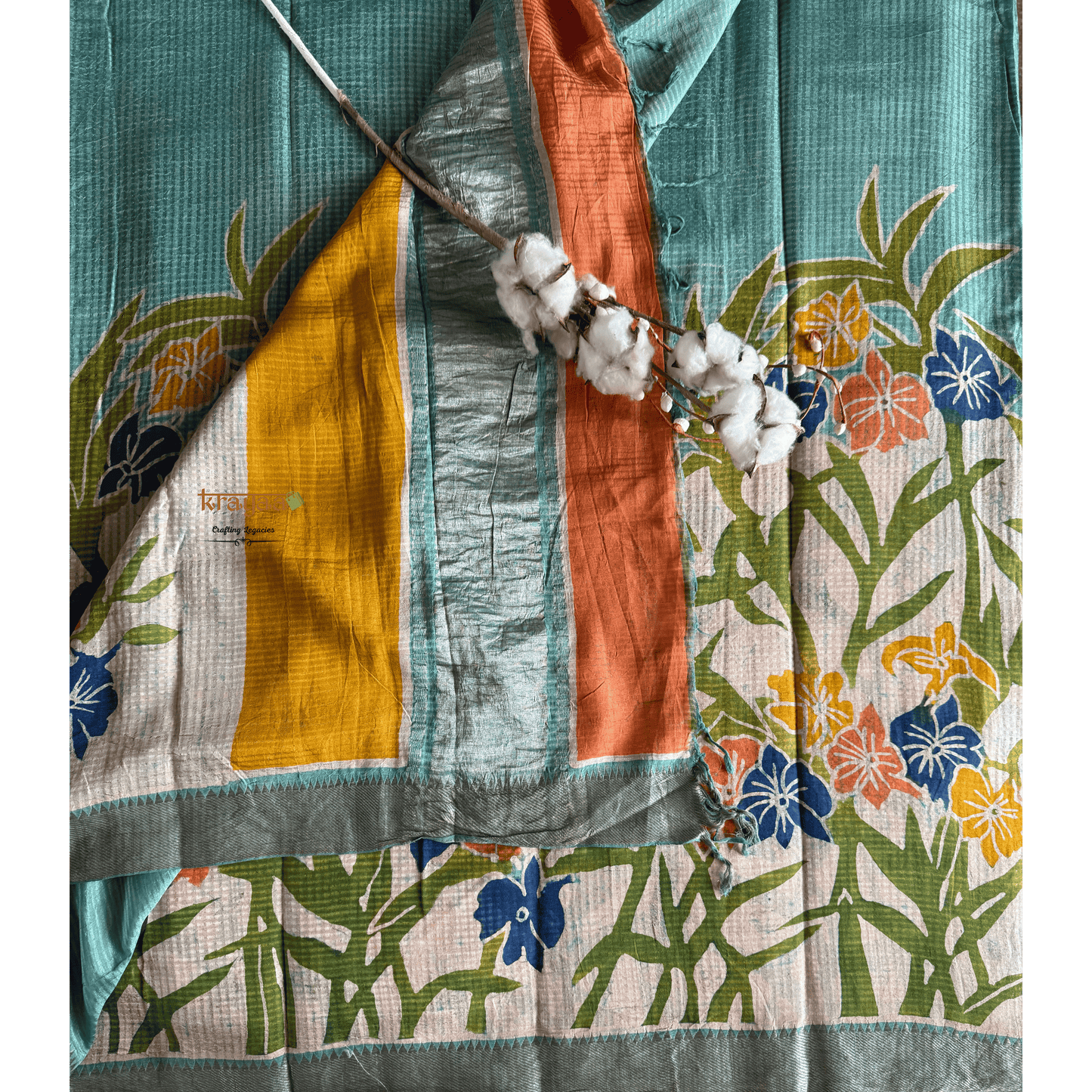 Seafoam Green Mangalagiri  Silk Cotton Saree With Baatik