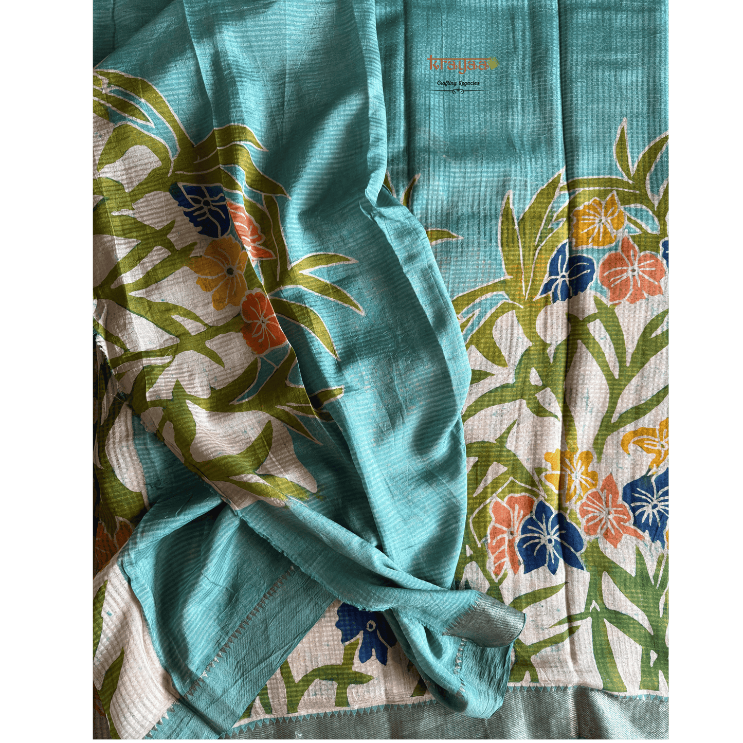 Seafoam Green Mangalagiri  Silk Cotton Saree With Baatik