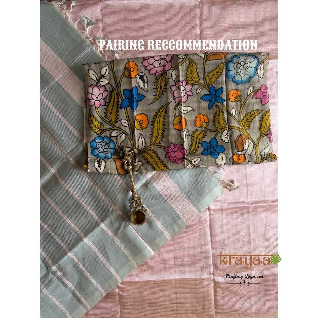 Baby pink with Grey - Mangalagiri Semi Silk Saree