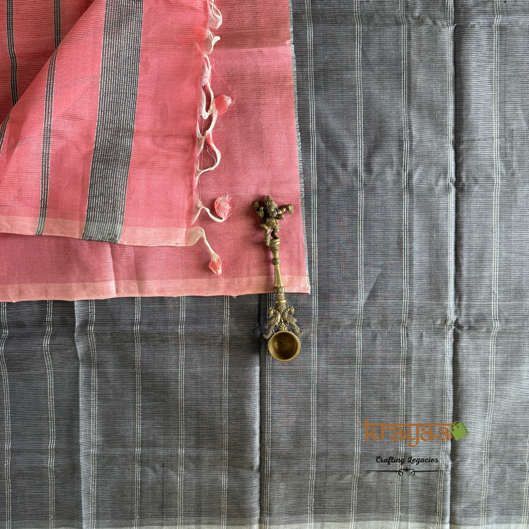 Grey With Pink - Mangalagiri Semi Silk Saree